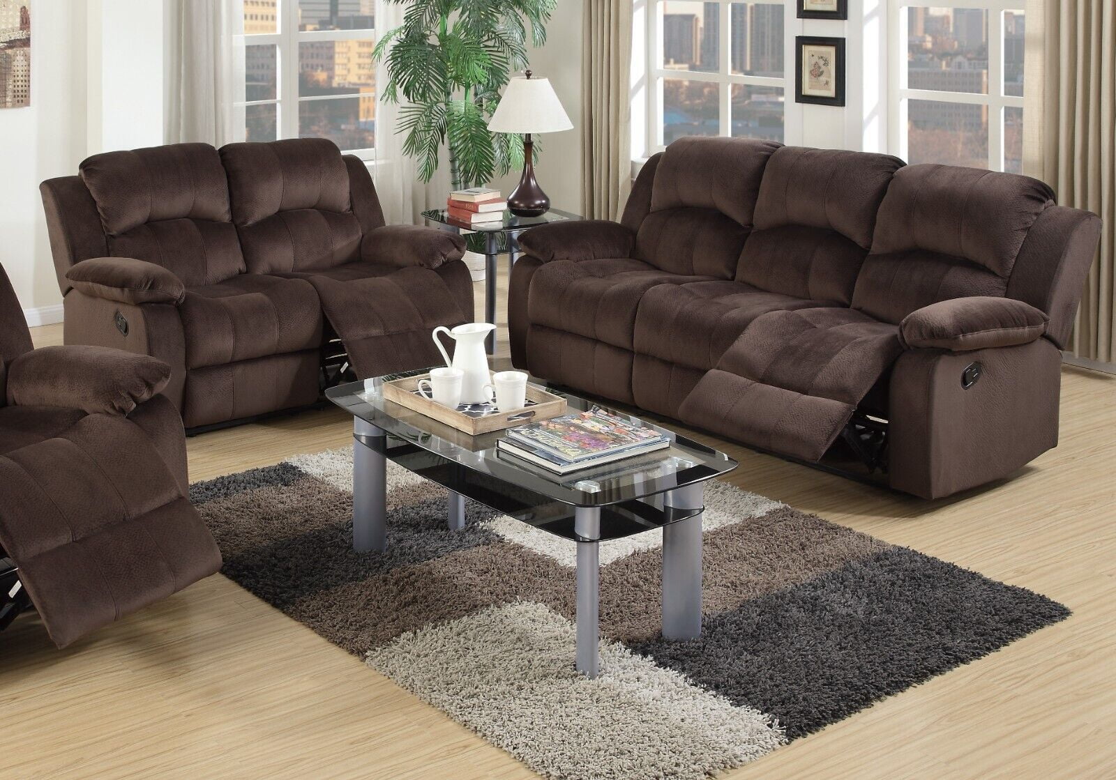 Reclining Motion Sofa and Loveseat 2pc Sofa Set Living Room Chocolate Padded Suede Cushioned Couch
