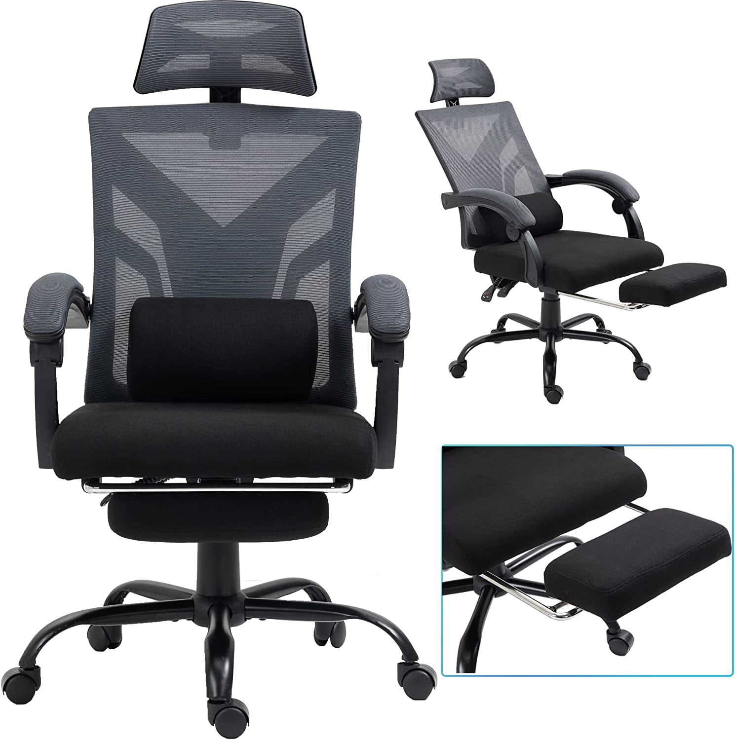Reclining Mesh Office Chair with Headrest, Foot Rest, Lumbar Support Pillow, 280lb Capacity