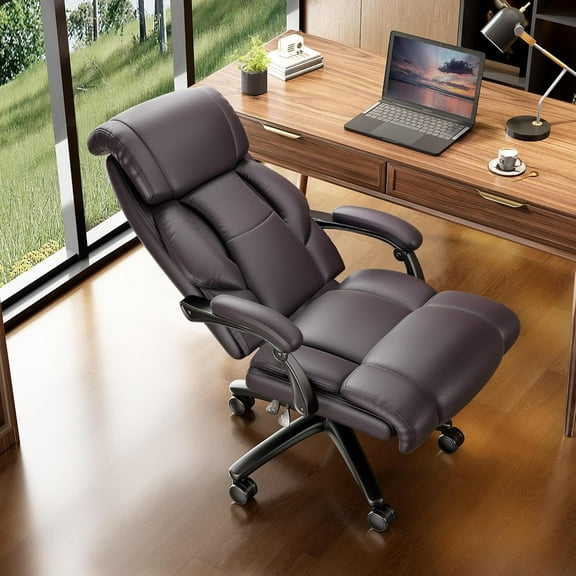 Reclining Office Chair, High Back Big and Tall Desk Chair 400lbs with Wide Seat, Leather Executive Computer Chairs with Lumbar Support, Ergonomic  Task Chair, Brown
