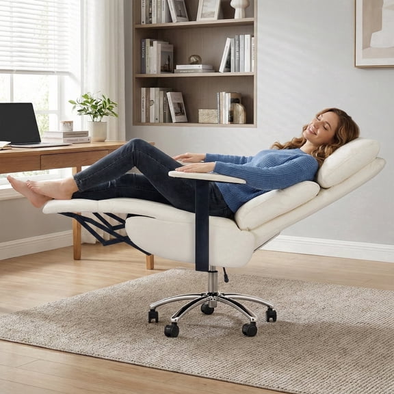 OKUP Executive Reclining Office Chair with Footrest, Microfiber Leather 170° Recline, Cream, 420 lbs Support