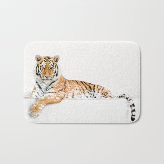 Reclining Orange Tiger Door Mat, White and Black Wildlife Art, Non-Slip Backing