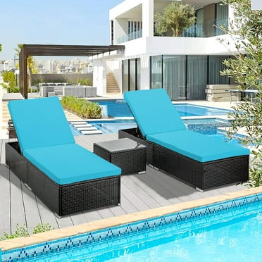Reclining Outdoor Patio Lounge Furniture Set of 2, 3 Pieces All-Weather Poolside Rattan Wicker Pool Chaise Chairs Sets with Glass Top Coffee Table, Brown PE Wicker and Blue