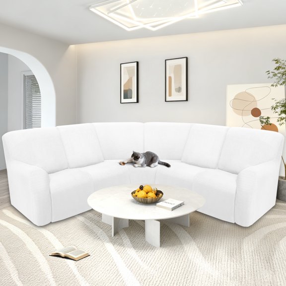 HDCAXKJ Sectional Recliner Sofa Covers Waterproof Corner Reclining Couch Covers Jacquard Stretch 5 Seat Reclining Sofa Slipcovers Washable Furniture Protector,White