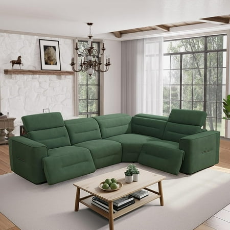 Power Recliner Sectional Sofa, L-Shaped Living Room Furniture Set, Green Flannel Reclining Sectional Couch with USB Ports (4 Seater)