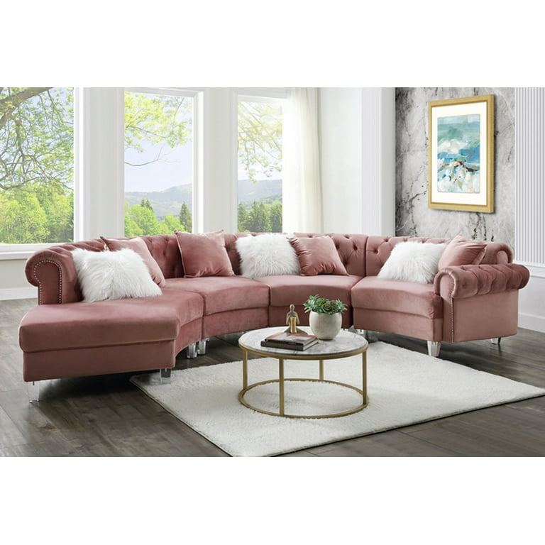 Reclining Sectional Sofa with 7 Pillows 4 Seats Sofa with Roll Arm and Acrylic Legs Convertible Futon Sofa Couch with Nailhead Trim Mid Century Velvet Fabric Button Tufted Sofa for Living Room Pink
