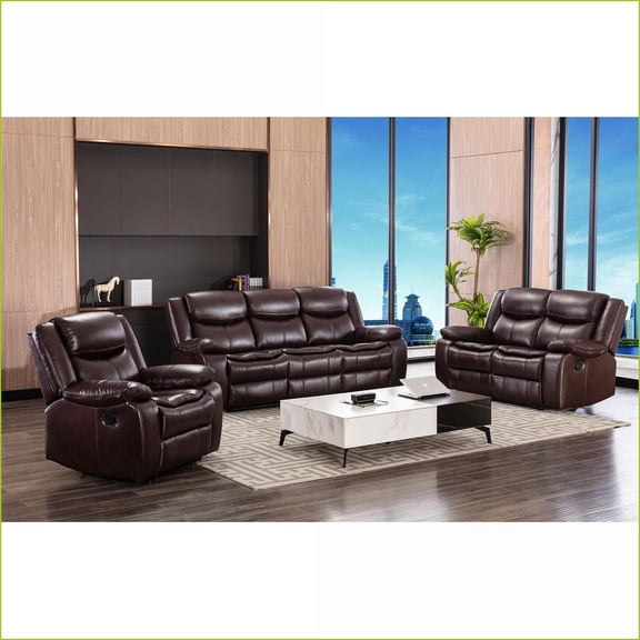 Reclining Sectional Sofa Set 1+2+3, Manual Recline Leather, Dark Brown | Pillow-Top Arms, Solid Wood + Metal Frame