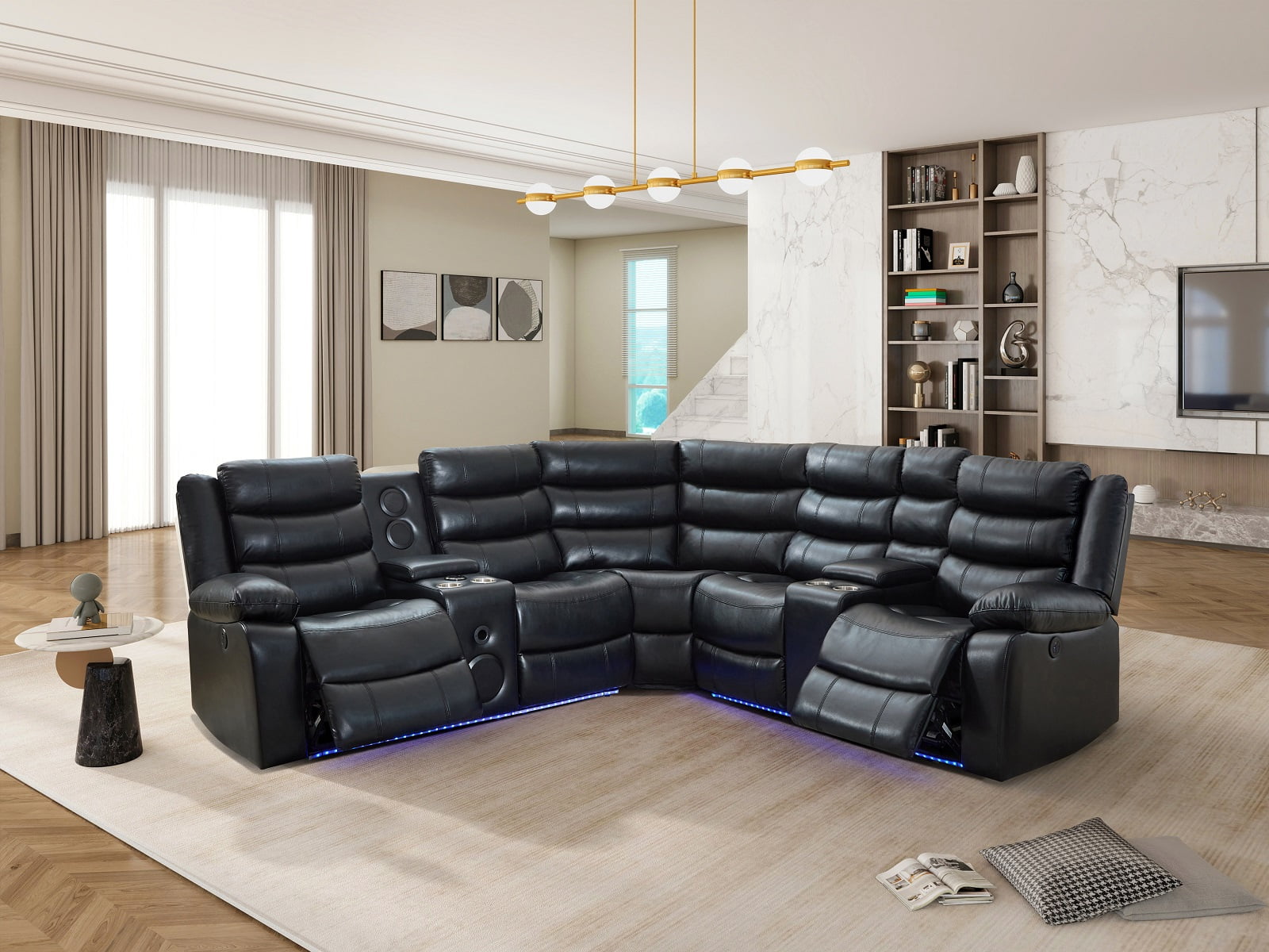 Reclining Sectional Sofa Set Premium Fabric Recliner Corner Sectional Couch with Console Storage Cup Holders for Living Room Power w Base Speakers