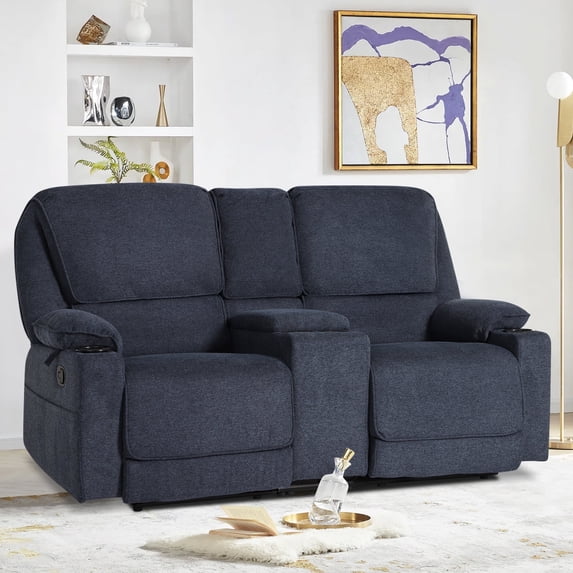 Reclining Sofa, 2 seater Manual Recliner Sofa with Cup Holders, Manual Reclining Loveseat for Living Room, Navy