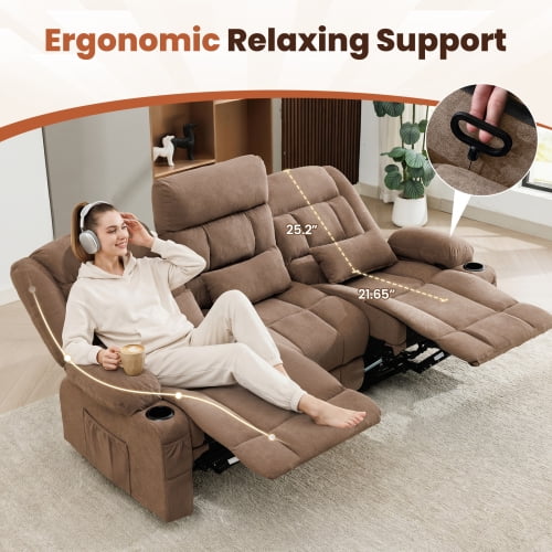 Reclining Sofa, 3 Seat Recliner Couch with Side Pockets and Cup Holders, Comfy Oversized Sofa for Living Room/Office/Home Theater
