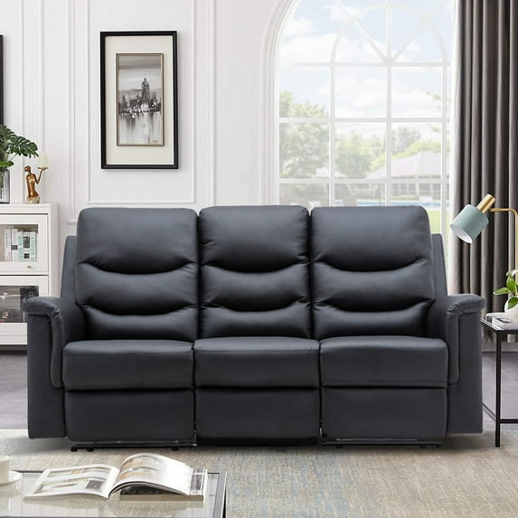Reclining Sofa, 3 Seater Sofa Recliner with Flipped Middle Backrest, PU Leather Reclining Sofa with 2 Cup Holders and Console Slate, Manual Reclining Home Theater Seating for Living Room