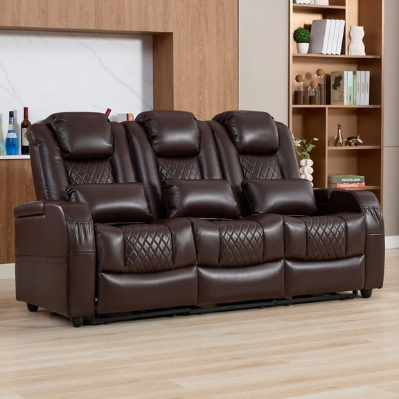 Reclining Sofa PU Leather & 79" Recliner Theater Seating with Detachable Armrests and Pillows for RVs, Living Rooms, and Home Theaters (Brown, Row of 3)