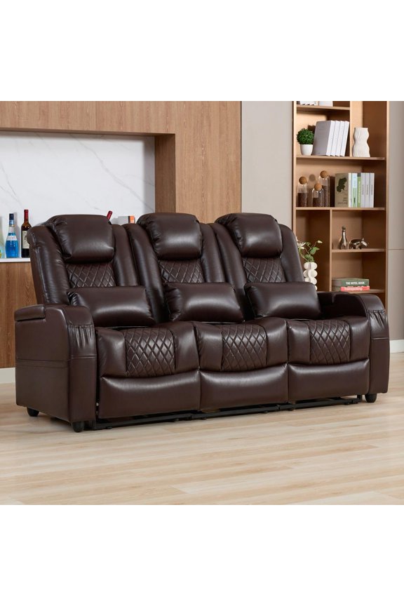 Reclining Sofa PU Leather & 79" Recliner Theater Seating with Detachable Armrests and Pillows for RVs, Living Rooms, and Home Theaters (Brown, Row of 3)
