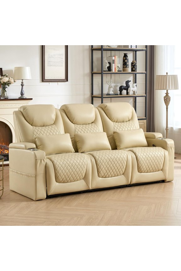Reclining Sofa PU Leather & 85" Recliner Theater Seating with Detachable Armrests and Pillows for RVs, Living Rooms, and Home Theaters (Beige, Row of 3)