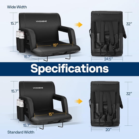 Reclining Stadium Seat Chair with Backrest and Armrests, Portable Cushion for Bleachers, Set of 1 - 24.5" Wide Black