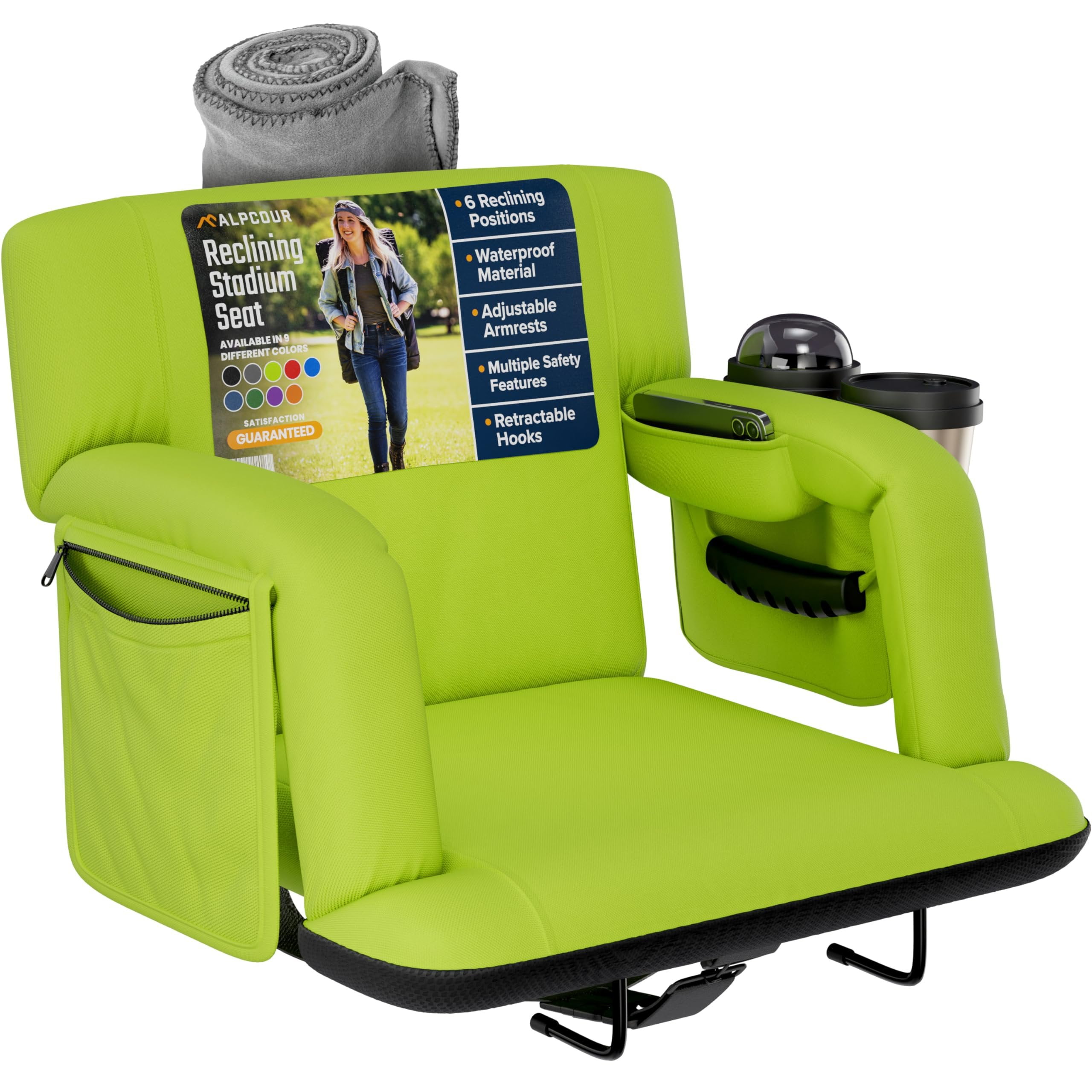 Reclining Stadium Seats for Bleachers with Back Support  Wide Bleacher Chair Cushion, Armrests, Large Pockets, and Multiple Safety Features  Best Stadium Seat Chairs for Camping, Kayak Backs & More