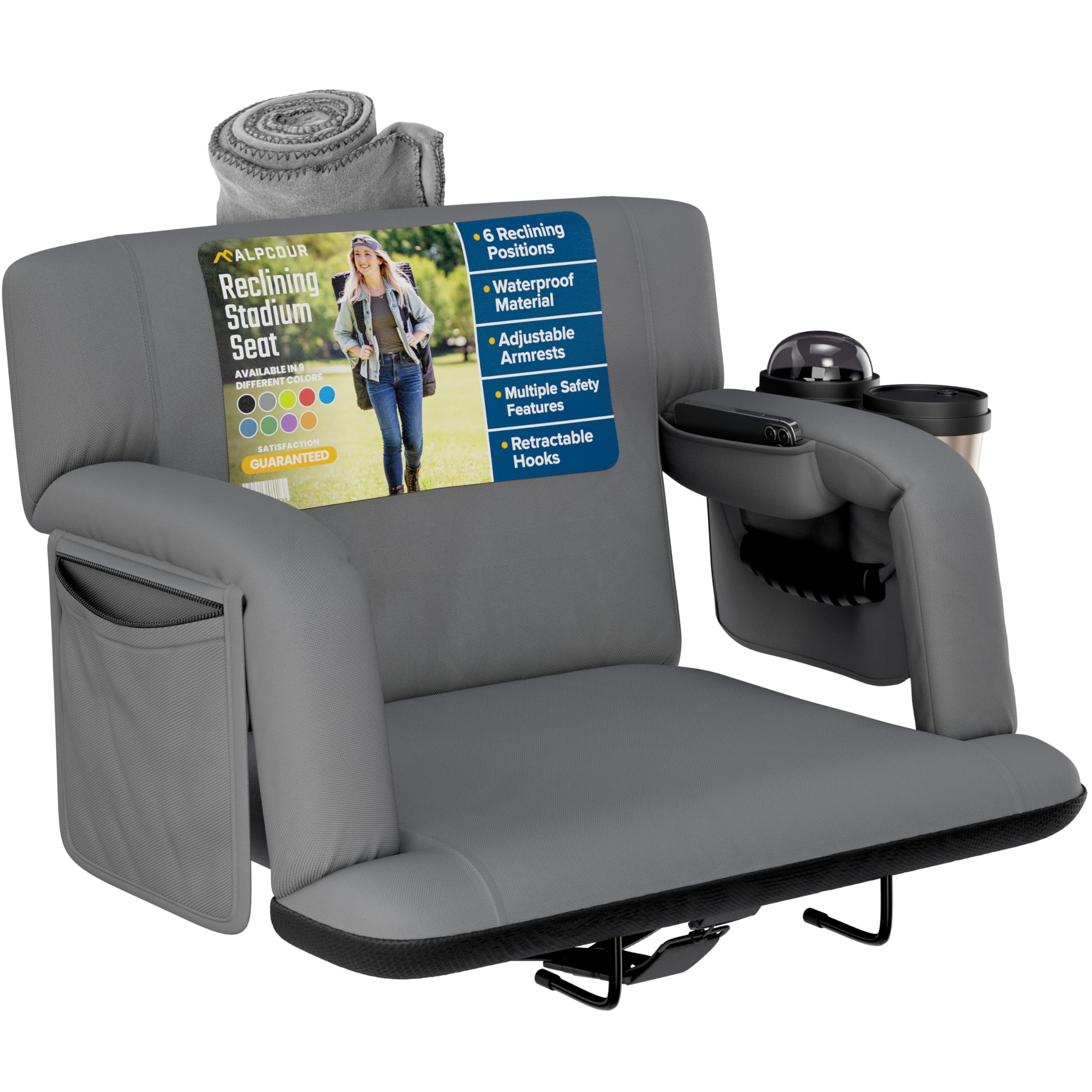 Reclining Stadium Seats for Bleachers with Back Support  Wide Bleacher Chair Cushion, Armrests, Large Pockets, and Multiple Safety Features  Best Stadium Seat Chairs for Camping, Kayak Backs & More