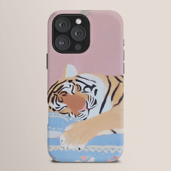 Reclining Tiger in Pink, Tan and Blue Tough Case for Apple iPhone, Dual-Layer Polycarbonate and TPU