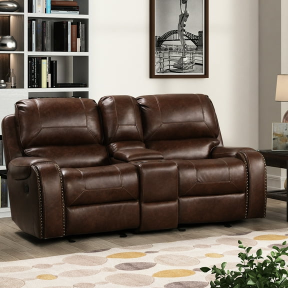 Reclining With Storage In Brown - Faux Leather & Thick Foam Manual Cushions Cup Holders