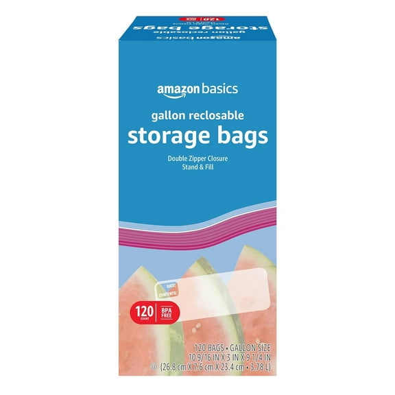 Reclosable Gallon Food Storage Bags, BPA Free, 120 Count