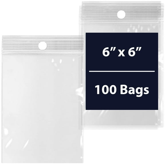 Reclosable Hang Hole Poly Bags - 6 x 6 & (100 Bags) 4 Mil Clear Plastic with Resealable Lock Seal Zipper | Durable Poly Baggies | Resealable Zip Top Lock For Jewelry, Storage, Packaging & Shipping