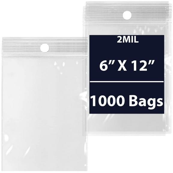 Reclosable Hang Hole Poly Bags - 6 x 12 & (1000 Bags) 2 Mil Clear Plastic with Resealable Lock Seal Zipper | Durable Poly Baggies | Resealable Zip Top Lock For Jewelry, Storage, Packaging & Shipping