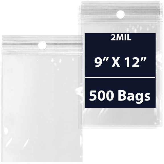Reclosable Hang Hole Zip Poly Bags, 2Mil 9" X 12" & 500 Bags | LDPE Material, Clear Plastic with Resealable Lock Seal Zipper | Resealable Zip Top Lock For Travel, Storage, Packaging & Shipping