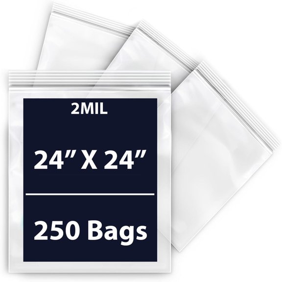 Reclosable Zip Poly Bags, 2Mil 24" X 24" & 250 Bags | Low-Density Polyethylene (LDPE), Durable Poly Baggies | Plastic Zip Lock Storage Bags for Food, Jewelry, Small Parts, and More