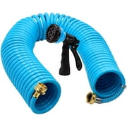 Recoil Garden Water Hose 50 ft, EVA Curly Water Hose with Brass Connectors, Garden Hose Coil, Includes 7-Pattern Function Sprayer, Retractable, Corrosion Resistant Garden Coil Hose. Blue