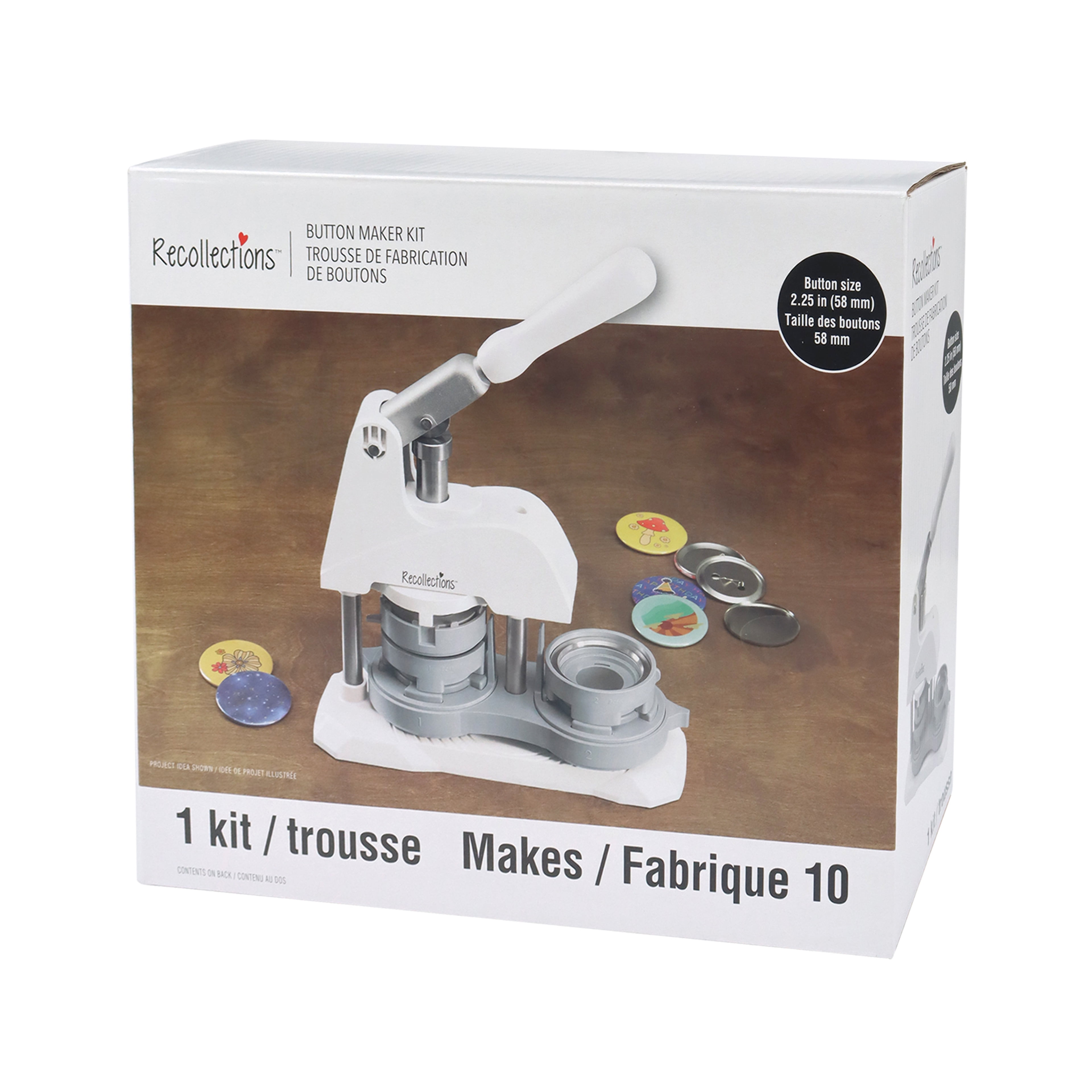 Recollections Button Maker Machine Kit - DIY Pin-Back Press with Supplies - Red/White/Black - Makes 10 2.25" Buttons - 1-Pack