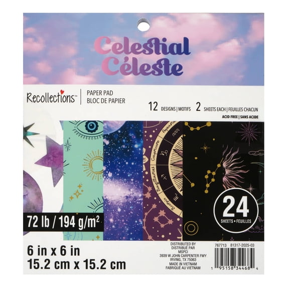 Recollections Celestial Paper Pad, Astrological and Starry Night Patterned Cardstock, Assorted Designs, 6" x 6", 12 Pack (288 Sheets Total)