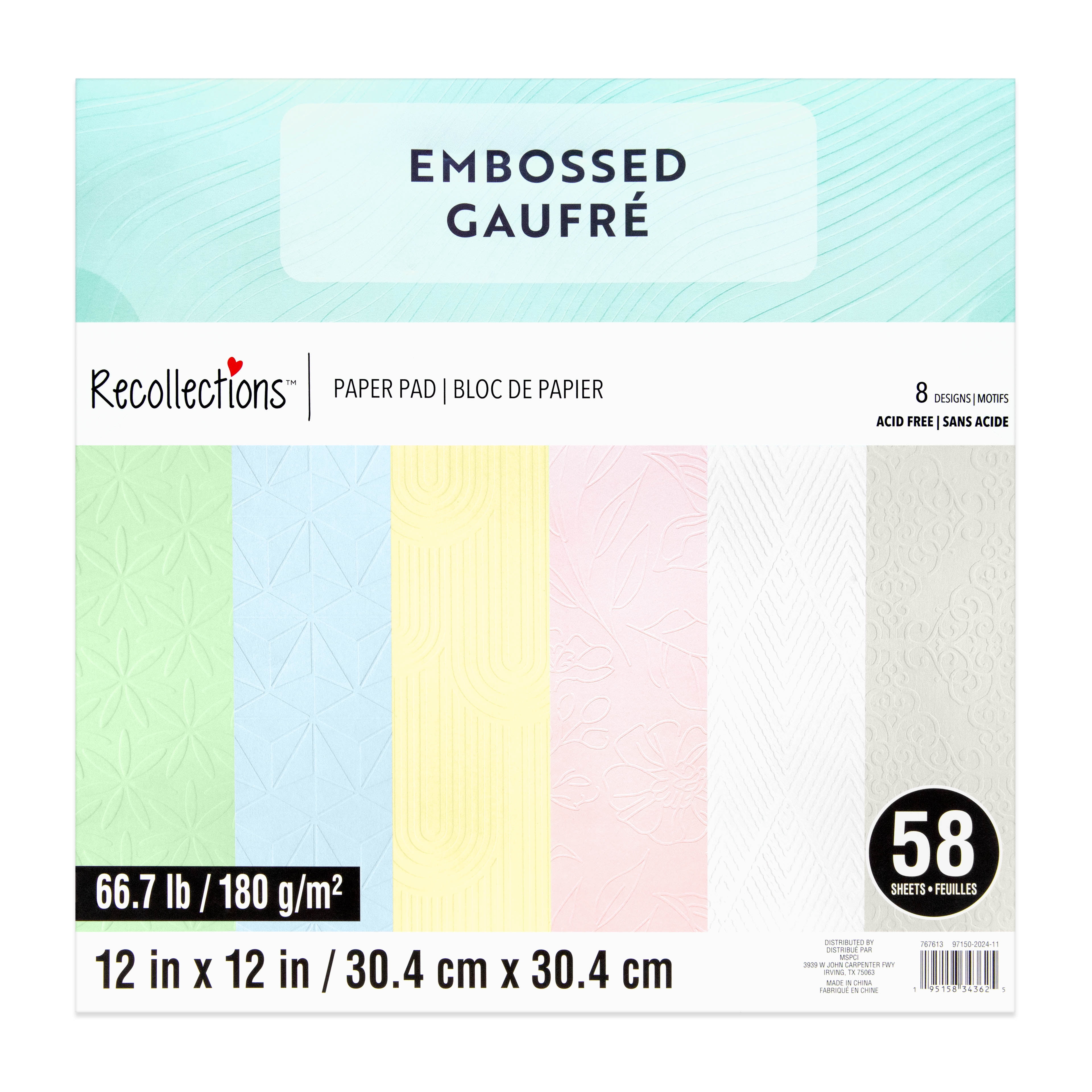 Recollections Embossed Paper Pad, Textured Wallpaper-Style Scrapbook Cardstock, Assorted Colors, 12" x 12", 6-Pack (348 Total Sheets)