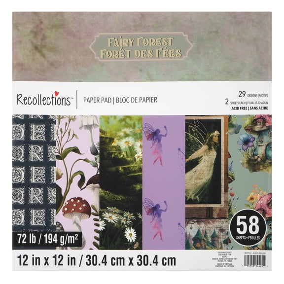 Recollections Fairy Forest Paper Pad, Whimsical Fantasy Foil and Glitter Cardstock, Assorted Designs, 12" x 12", 6-Pack (348 Total Sheets)