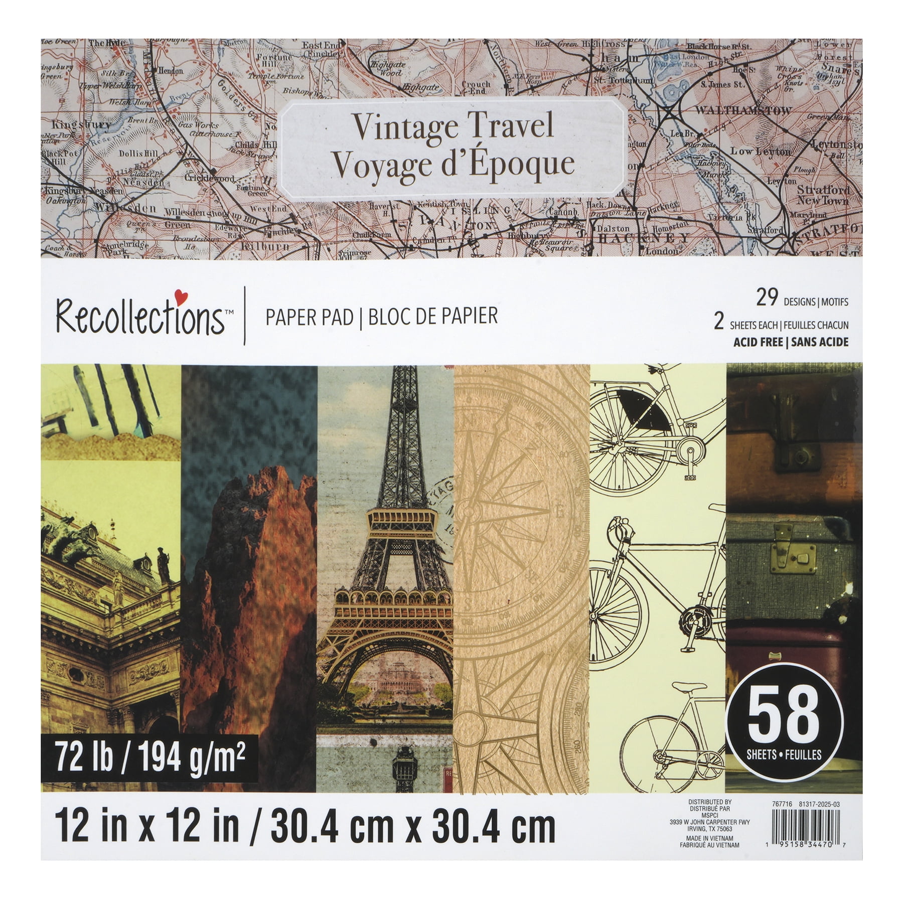 Recollections Vintage Travel Paper Pad, Wanderlust Themed Foil and Glitter Cardstock, Assorted Designs, 12" x 12", 6-Pack (348 Total Sheets)
