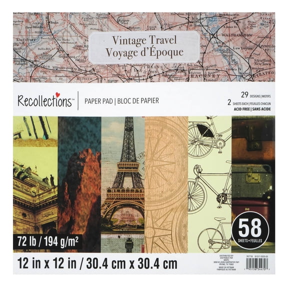 Recollections Vintage Travel Paper Pad, Wanderlust Themed Foil and Glitter Cardstock, Assorted Designs, 12" x 12", 6-Pack (348 Total Sheets)