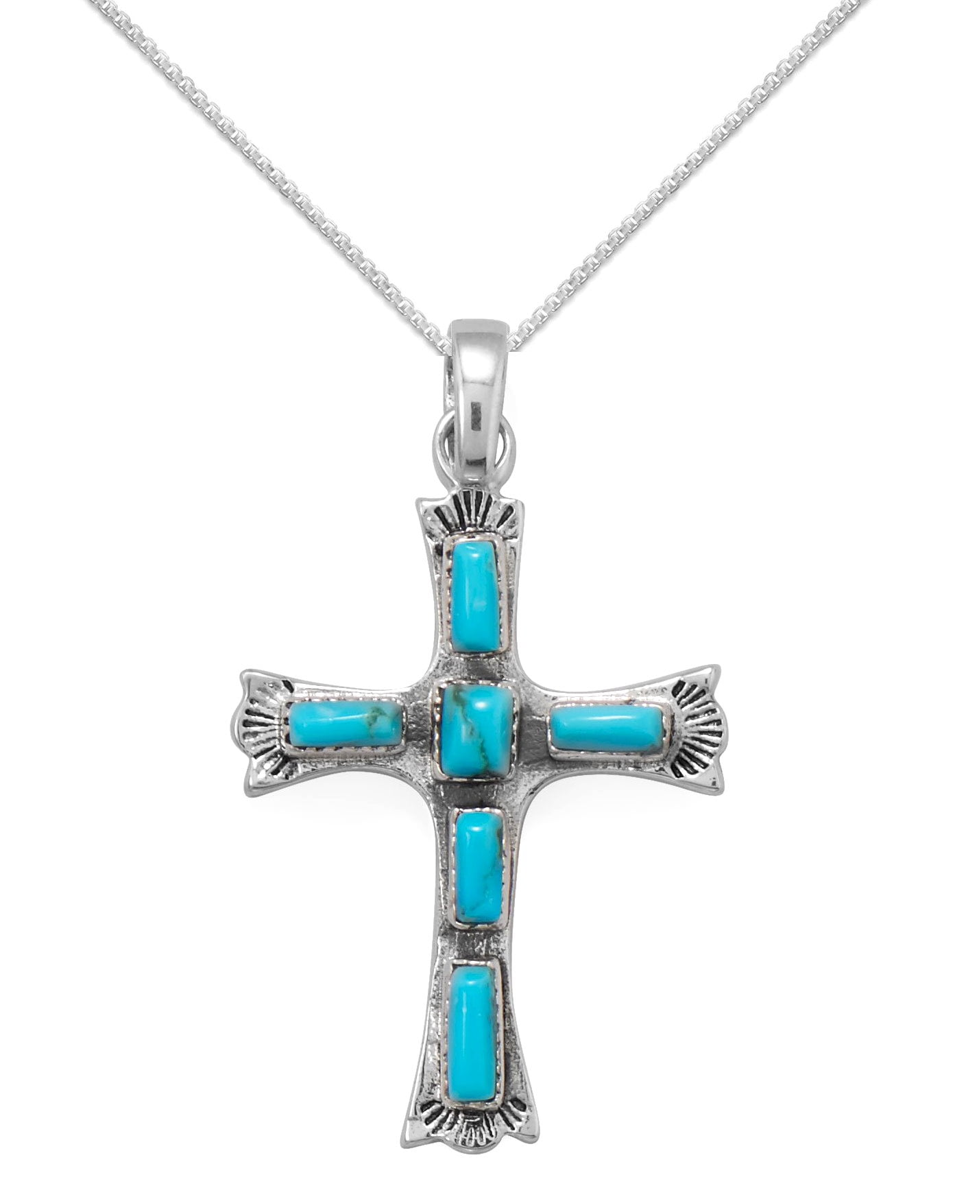 Reconstituted Turquoise Fleuree Cross Necklace Sterling Silver with Rope Chain Reconstituted Turquoise Fleuree Cross Necklace Sterling Silver with Rope Chain