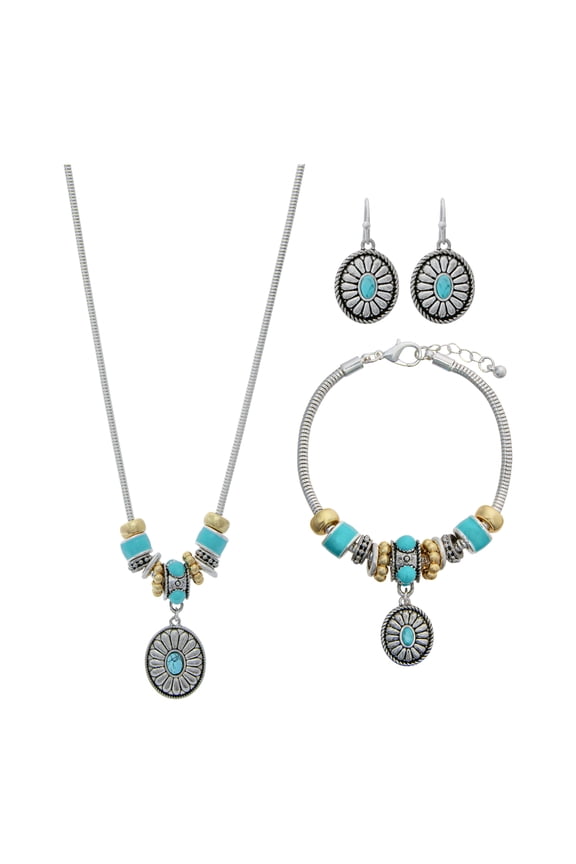 Reconstructed Turquoise Southwest Silver Tone Euro Bead Jewelry Set
