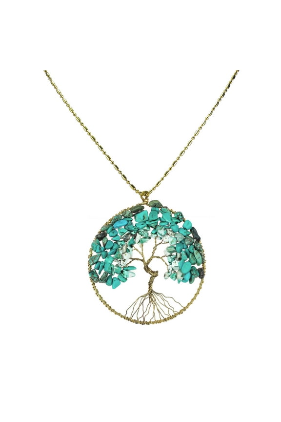 Reconstructed Turquoise Stone Eternal Tree of Life Brass Long Necklace