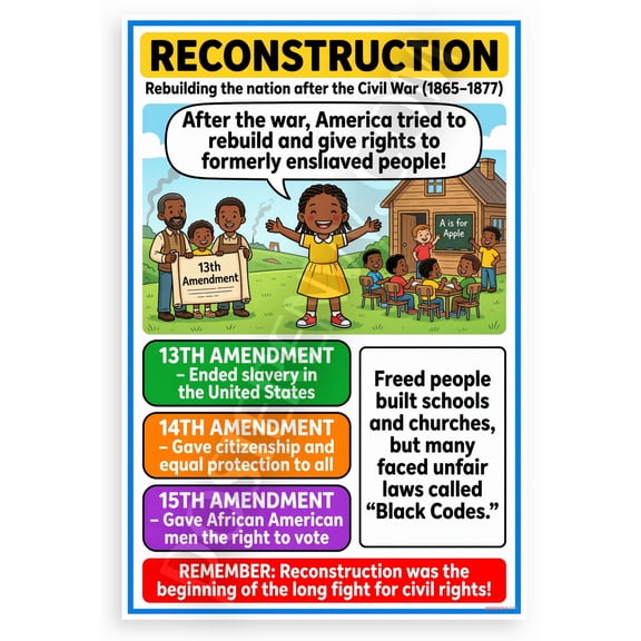 Reconstruction Era 13th 14th 15th Amendments Educational 12x18 US Made Poster