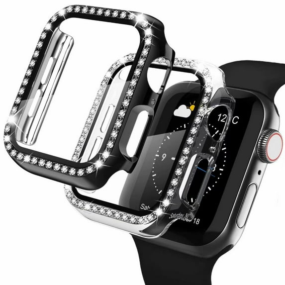 Recoppa 2 Pack Bling Rhinestone Case Protector w/ Tempered Glass Compatible with Apple Watch Case Protector 38m 40mm 41mm 42mm 44mm Series 6 7 8 9 3 4 5 SE 1 2 Full Cover Bumper for iWatch Women Girls