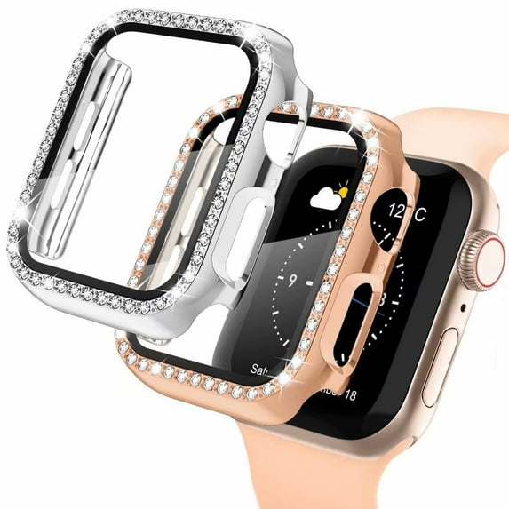 Recoppa 2 Pack Bling Rhinestone Case Protector w/ Tempered Glass Compatible with Apple Watch Case Protector 38m 40mm 41mm 42mm 44mm Series 6 7 8 9 3 4 5 SE 1 2 Full Cover Bumper for iWatch Women Girls