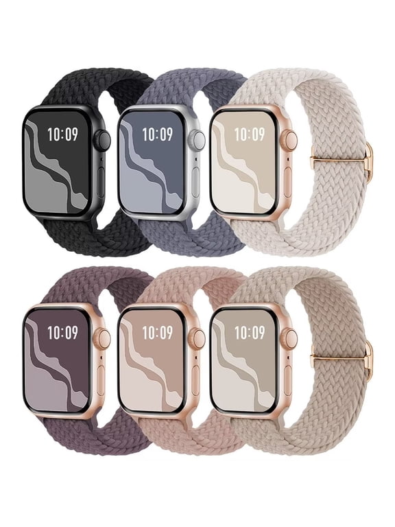6 Packs Braided Stretchy Band Compatible with Apple Watch Bands 38mm 40mm 41mm 42mm 44mm 45mm, Soft Adjustable Nylon Strap Solo Loop Wristband Compatible for iWatch Series SE/7/6/5/4/3/2/1