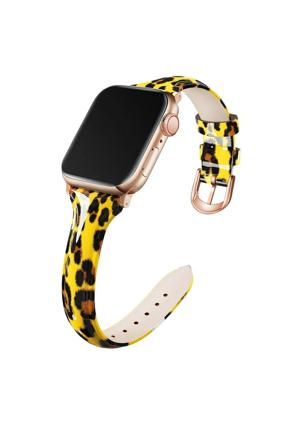 Compatible with Apple Watch Bands 38mm 40mm, Non-Fade Slim Genuine Patent Leather Wristband for Women Apple iWatch Series SE/7//6/5/4/3/2/1, Yellow Leopard"
