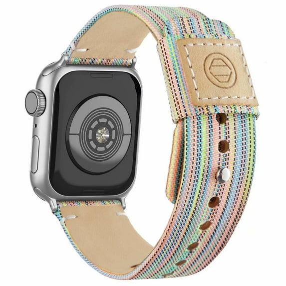 Recoppa Fabric Cloth Bands Compatible with Apple Watch 44mm 42mm 40mm 38mm, Canvas Strap with Soft Genuine Leather Lining and Snap Button for Apple iwatch Series 7/6/5/4/3/2/1 SE, Rainbow