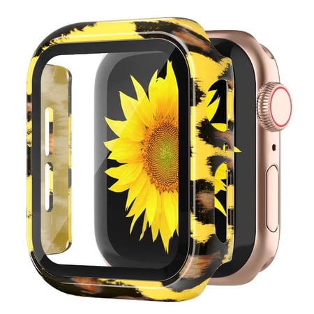 Recoppa Flower Leopard Print Print Compatible with Apple Watch Case w/ Tempered Glass Screen Protector 40mm 38mm 42mm 44mm Series 7 6 5 4 3 2 1 SE Ultra Thin Hard Bumper Case for iWatch Women Girls