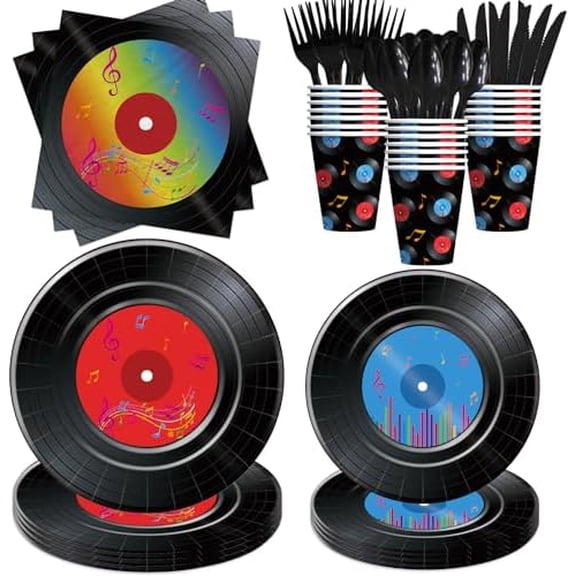 Record Plates And Napkins Decorations Tableware - 50's Rock Music Party Supplies, Paper Plate, Cup, Napkin, Disposable Cutlery, 1950's Theme Retro Record Party Decorations Supplies | Serve 24