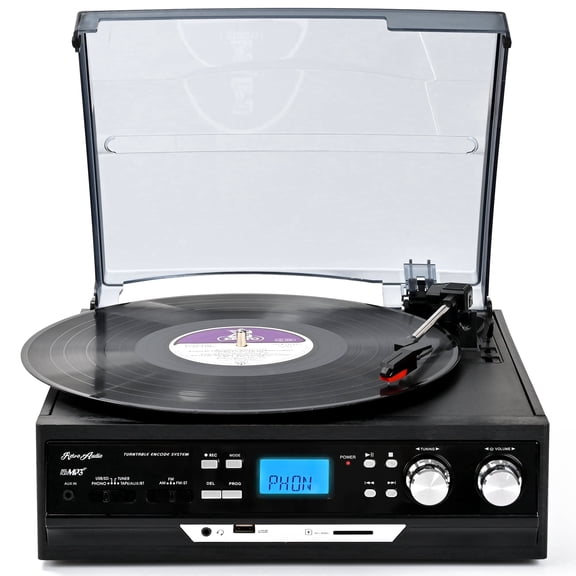 RetroAudio Vinyl Record Player,All in One 3 Speed Turntable with Bluetooth,Cassette Player,AM&FM Radio, Built-in Stereo Speakers (NO CD)