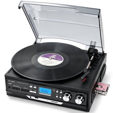 RetroAudio Vinyl Record Player, 9 in 1 Turntable 3 Speed with Bluetooth,Cassette Player,AM&FM Radio, Built-in Stereo Speakers (NO CD)
