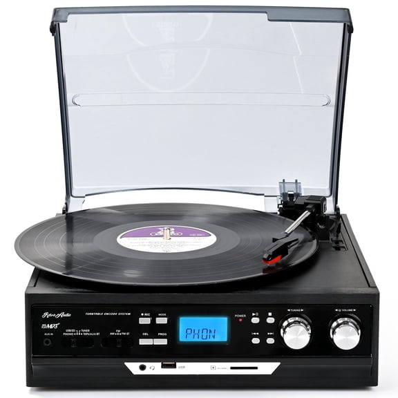 RetroAudio Vinyl Record Player,All in One 3 Speed Turntable with Bluetooth,Cassette Player,AM&FM Radio, Built-in Stereo Speakers (NO CD)