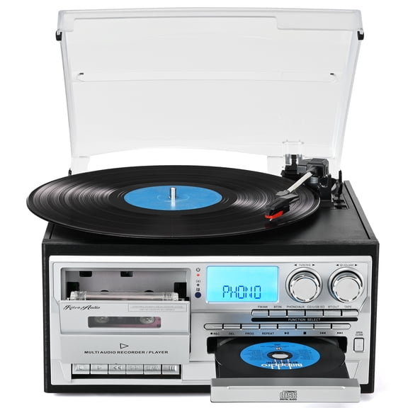 Record Player 10 in 1 3 Speed Bluetooth with Speakers, in/out Turntable CD Cassette Player AM/FM Radio USB/SD Recorder Aux-in RCA Line-Out