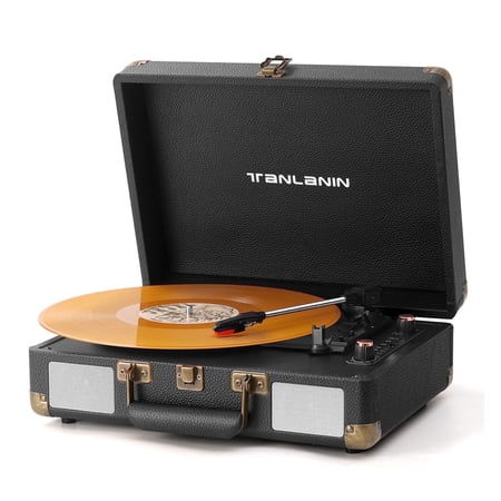 TANLANIN Bluetooth Record Player with 2 Built-In Speakers, 3-Speed Turntable, USB Recording, RCA/AUX/Headphone Out - Black